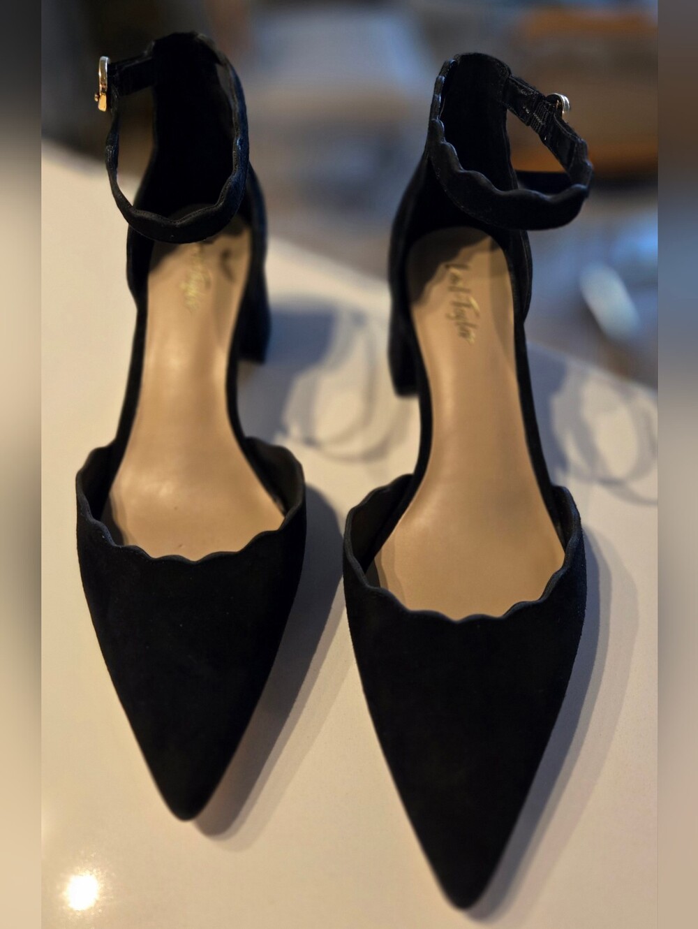 Lord & Taylor Black Suede Scalloped Pointed Ankle-Strap Heels